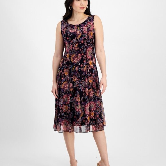 New Connected Womens Size 10 Floral Sleeveless Chiffon Midi Dress Work Career - Picture 1 of 13
